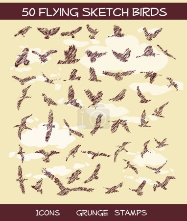 Téléchargez les illustrations : Jeu de vecteurs avec croquis d'oiseaux, design vectoriel simple - en licence libre de droit