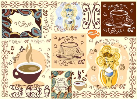 Téléchargez les illustrations : Ensemble de tasses à café vintage et café - en licence libre de droit