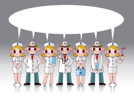 Téléchargez les illustrations : Illustration de médecins et infirmières avec bulle vocale - en licence libre de droit
