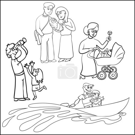 Téléchargez les illustrations : Dessin familial heureux, dessin vectoriel simple - en licence libre de droit