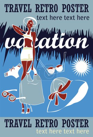 Téléchargez les illustrations : Affiche de voyage vintage rétro avec femme, illustration vectorielle - en licence libre de droit