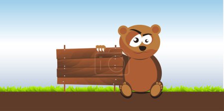 Téléchargez les illustrations : Mignon dessin animé ours brun assis sur un sol avec enseigne - en licence libre de droit