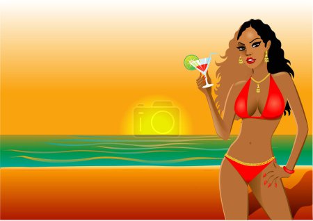 Ilustración de Puesta de sol en la playa con chica, vector ilustración diseño simple - Imagen libre de derechos