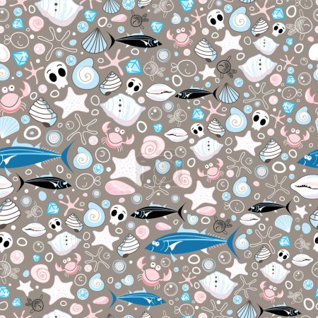 Illustration for Vector seamless pattern of fish and shells. sea life background. - Royalty Free Image