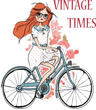 Illustration for Retro girl with bike. - Royalty Free Image