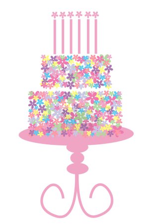Téléchargez les illustrations : Gâteau d'anniversaire avec des fleurs, vecteur design simple - en licence libre de droit