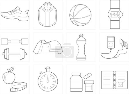 Illustration for Set of fitness icons, outline style - Royalty Free Image