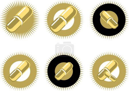 Téléchargez les illustrations : Ensemble de pilules d'or badges, vecteur conception simple - en licence libre de droit