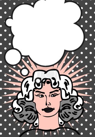 Téléchargez les illustrations : Femme pensante avec bulle de pensée sur fond de bande dessinée - en licence libre de droit