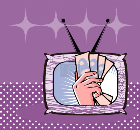 Téléchargez les illustrations : Pop art main tenant dollars comptant sur l'écran de télévision - en licence libre de droit