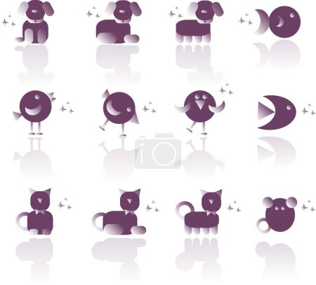 Téléchargez les illustrations : Ensemble d'icônes vectorielles pourpres avec différents animaux et animaux sur fond blanc - en licence libre de droit