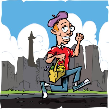 Téléchargez les illustrations : Illustration d'un athlète masculin de dessin animé courant dans la ville - en licence libre de droit