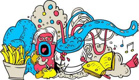 Ilustración de Ilustración vectorial dibujado a mano de monstruo con un montón de dulces. - Imagen libre de derechos