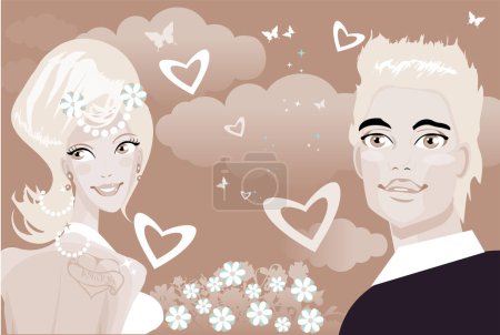 Téléchargez les illustrations : Heureux marié et mariée, illustration vectorielle - en licence libre de droit