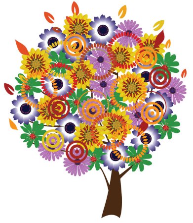 Téléchargez les illustrations : Fleurs colorées sur l'arbre sur fond blanc - en licence libre de droit