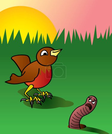 Téléchargez les illustrations : Scène de dessin animé d'oiseau drôle et ver sur l'illustration au sol - en licence libre de droit