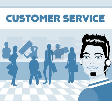 Ilustración de Servicio al cliente - chica de dibujos animados con auriculares y texto en el fondo azul - Imagen libre de derechos