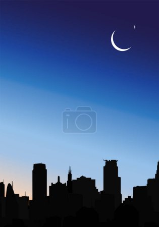 Ilustración de Ciudad nocturna con luna, silueta de edificios y estrellas, ilustración vectorial - Imagen libre de derechos