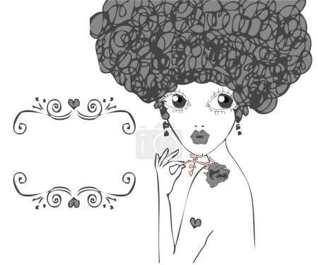 Illustration for Black and white cartoon illustration with beautiful girl - Royalty Free Image