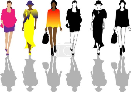 Téléchargez les illustrations : Illustration vectorielle des vêtements pour femmes dans une collection de différentes couleurs - en licence libre de droit