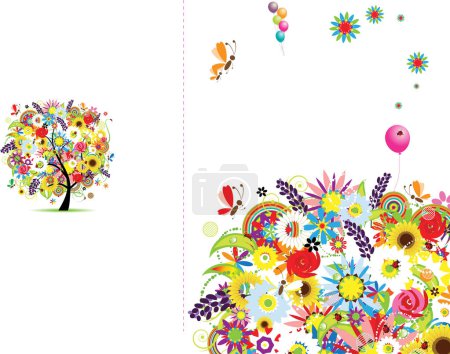 Ilustración de Fondo floral colorido con aves, flores y mariposas. - Imagen libre de derechos