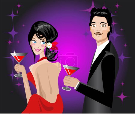 Téléchargez les illustrations : Couple d'homme amoureux d'une femme en smoking, femme avec un cocktail, homme et homme en costume noir, un smoking - en licence libre de droit