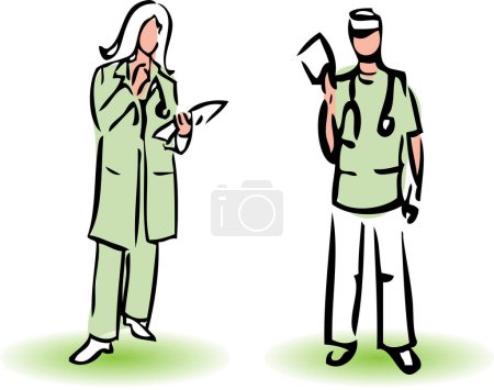 Ilustración de Médico y enfermero con bata médica y estetoscopio - Imagen libre de derechos