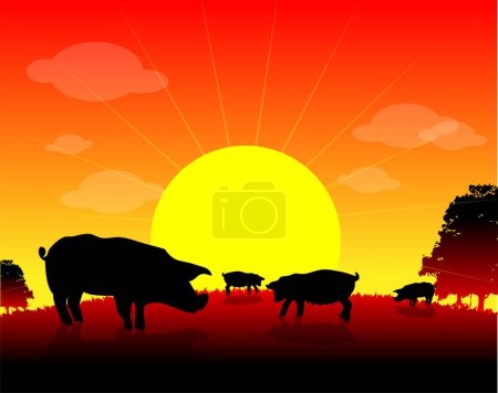 Illustration for Farm animals at sunset - Royalty Free Image