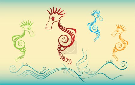 Téléchargez les illustrations : Hippocampes et vagues océaniques, illustration vectorielle - en licence libre de droit