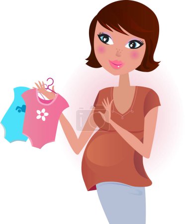 Illustration for Cute pregnant woman with a baby clothes - Royalty Free Image