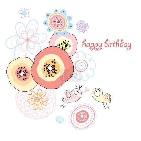 Ilustración de Tarjeta de cumpleaños feliz con animales lindos y flores. - Imagen libre de derechos