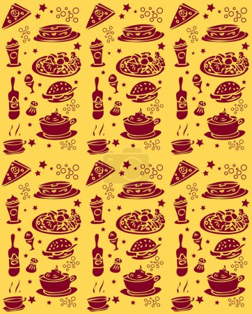 Téléchargez les illustrations : Motif sans couture avec pizza et pizza sur jaune - en licence libre de droit