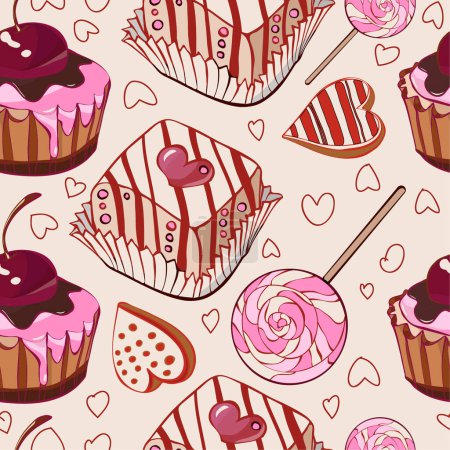 Illustration for Seamless pattern with cupcakes and sweets. vector illustration - Royalty Free Image
