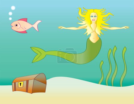 Téléchargez les illustrations : Sirène de dessin animé dans la mer avec des poissons et une bannière vierge. - en licence libre de droit
