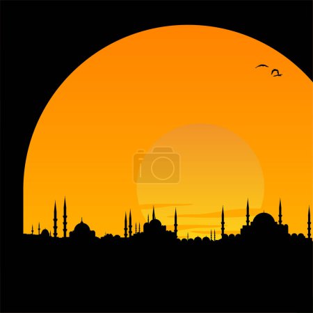 Illustration for Mosque silhouette on orange sunset - Royalty Free Image