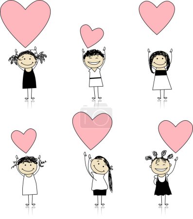Téléchargez les illustrations : Ensemble de dessins animés enfants avec des cœurs - en licence libre de droit