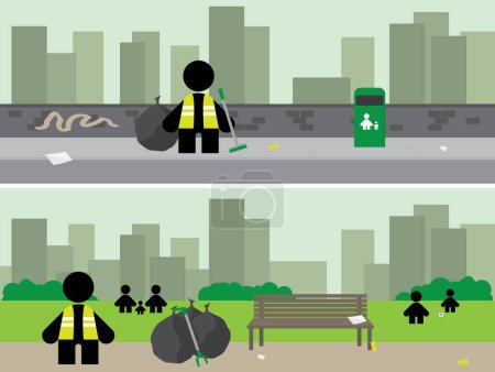 Ilustración de Concepto de basura y basura con el hombre y la mujer en la ciudad. - Imagen libre de derechos