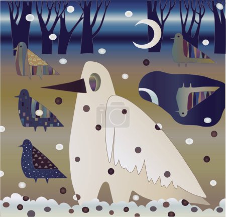 Téléchargez les illustrations : Paysage hivernal avec des oiseaux dans la forêt - en licence libre de droit