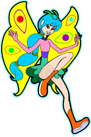 Téléchargez les illustrations : Une fille de dessin animé mignon avec des ailes de papillon - en licence libre de droit