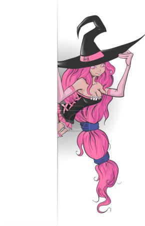 Téléchargez les illustrations : Halloween fille sorcière aux cheveux roses et balai. fête d'Halloween. - en licence libre de droit