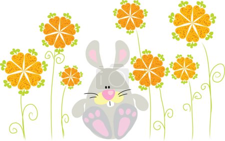 Téléchargez les illustrations : Mignon lapin avec des fleurs en arrière-plan. illustration vectorielle - en licence libre de droit