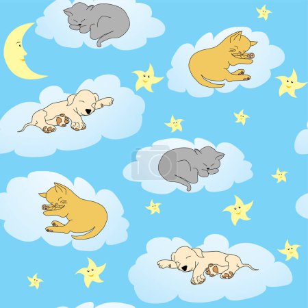 Ilustración de Fondo con animales somnolientos y cielo azul nocturno - Imagen libre de derechos