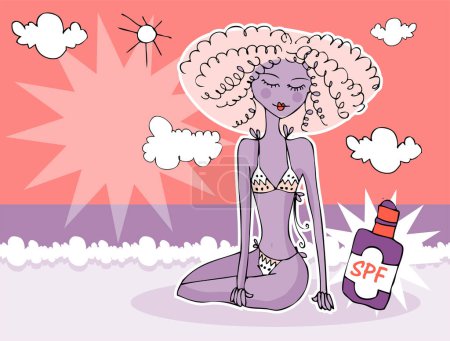 Téléchargez les illustrations : Belle fille en bikini et chapeau sur la plage. illustration vectorielle - en licence libre de droit