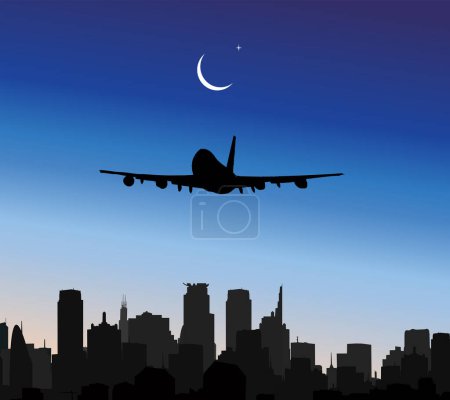 Téléchargez les illustrations : Illustration vectorielle de l'avion et du paysage urbain - en licence libre de droit