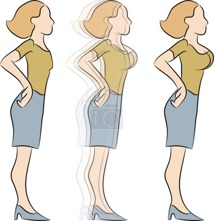 Ilustración de Mujer de dibujos animados con diferentes poses y diferentes puntos de vista - Imagen libre de derechos