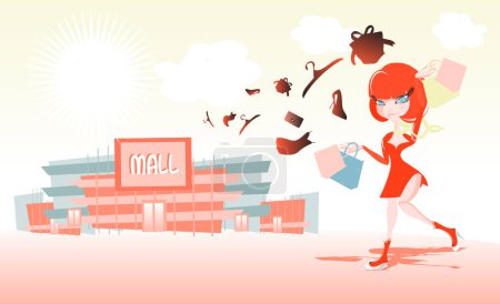 Téléchargez les illustrations : Shopping fille avec sacs va au centre commercial - en licence libre de droit