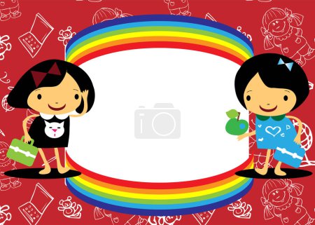 Illustration for Children holding a rainbow frame, vector simple design - Royalty Free Image