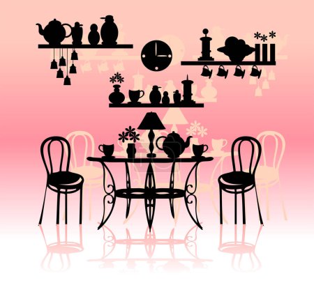 Ilustración de Mesa de cocina con sillas y otros elementos de la habitación - Imagen libre de derechos