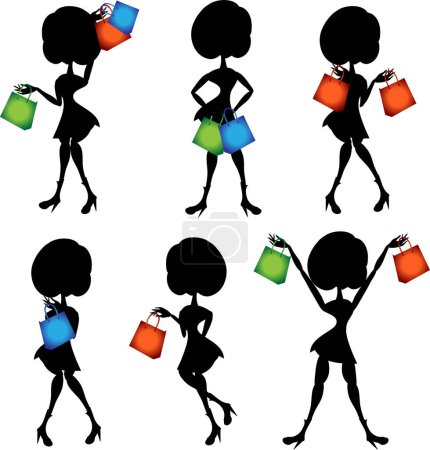 Illustration for Set of shopping women with gifts, vector simple design - Royalty Free Image