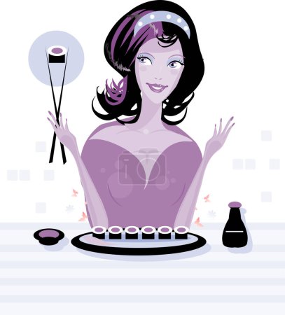 Illustration for Illustration of a young woman eating sushi - Royalty Free Image